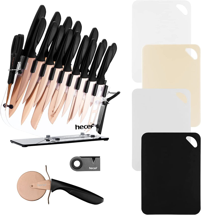 Hecef 25 PCS Rose Gold Titanium Plated Kitchen Knife Set with Block and Cutting Mats, Cutlery Knife Set with Sharp Serrated Steak Knives, Boning Knife, Scissors, Sharpener, Peeler and Acrylic Stand Home & Garden > Kitchen & Dining > Kitchen Tools & Utensils > Kitchen Knives hecef Rose Gold  