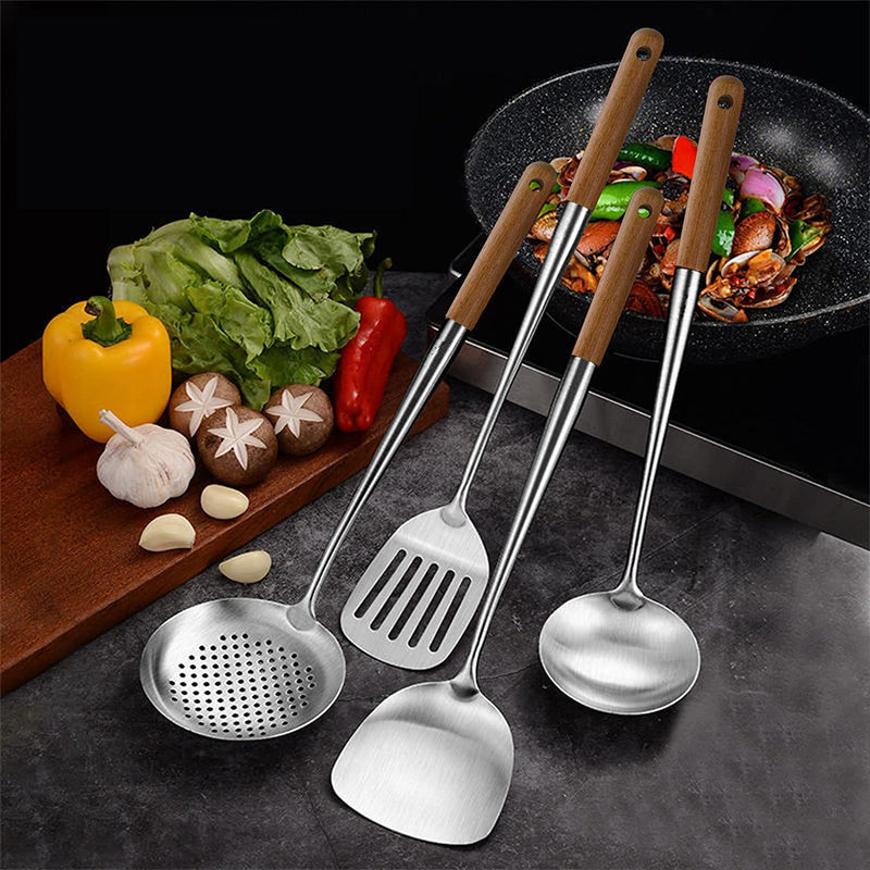 NIITAWH Wok Utensils for Carbon Steel, Stainless Steel Wok Spatula Metal, 4-Pieces 17 Inch Extra Long, Wok Tools Professional Set, Wooden Handle Skimmer, Soup Ladle, Slotted Turner Home & Garden > Kitchen & Dining > Kitchen Tools & Utensils NIITAWH   