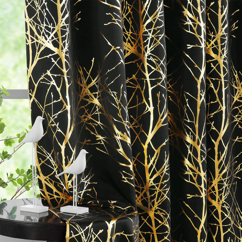 FMFUNCTEX Branch Grey Blackout Curtain Panels for Bedroom 84" Foil Gold Tree Branch Window Curtains Metallic Print Energy Efficient Thermal Curtain Drapes for Guest Living Room Grommet Top 2 Panels Home & Garden > Decor > Window Treatments > Curtains & Drapes FMFUNCTEX Gold /Black 50" x 63"L 