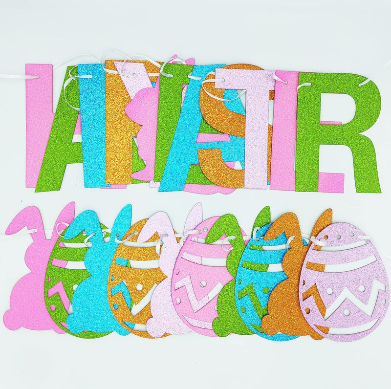 CAVLA Glitter Happy Easter Banner and Colorful Glittery Bunny Rabbit Easter Eggs Banner Happy Easter Garland Banner Spring Easter Bunny Party Fireplace Mantle Decorations Supplies Home & Garden > Decor > Seasonal & Holiday Decorations CAVLA   