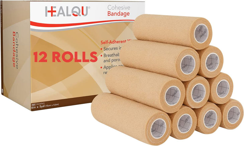HEALQU Self Adhesive Bandage Wrap – 2" X 5Yd Cohesive Tape for Athletic & Sports - Self Adherent Medical Tape, Flexible, Waterproof Elastic Bandages for Wrist & Ankle Vet Wrap for Dogs (Box of 12) Sporting Goods > Outdoor Recreation > Winter Sports & Activities Healqu 6" Box of 12  