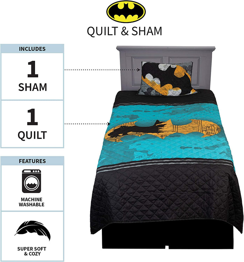 Franco Kids Bedding Microfiber Pillow Sham and Quilt Set, Twin/Full, Batman