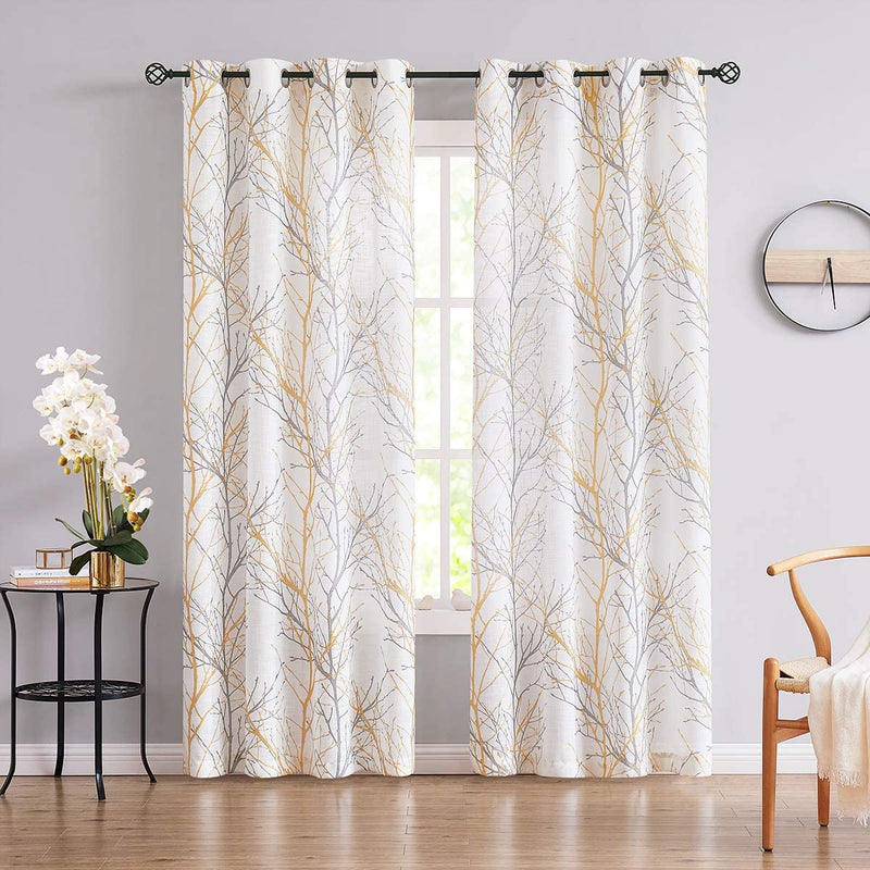 FMFUNCTEX Branch White Curtains 84” for Living Room Grey and Auqa Bluetree Branches Print Curtain Set Wrinkle Free Thick Linen Textured Semi-Sheer Window Drapes for Bedroom Grommet Top, 2 Panels Home & Garden > Decor > Window Treatments > Curtains & Drapes FMFUNCTEX Yellow 50" x 108" 