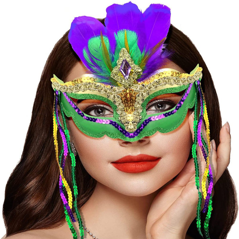 Mardi Gras Mask, LONGRV Mardi Gras Mask with Feathers Women Masquerade Mask Feather Masquerade Mask Mardi Gras Cosplay Costumes Venetian Party Mask Venetian Costumes Party Favors