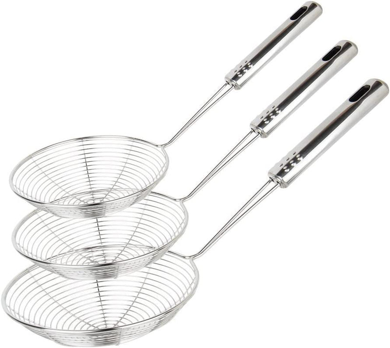 Swify Set of 3 Asian Strainer Ladle Stainless Steel Wire Skimmer Spoon with Handle for Kitchen Frying Food, Pasta, Spaghetti, Noodle-30.5Cm, 32Cm, 35Cm