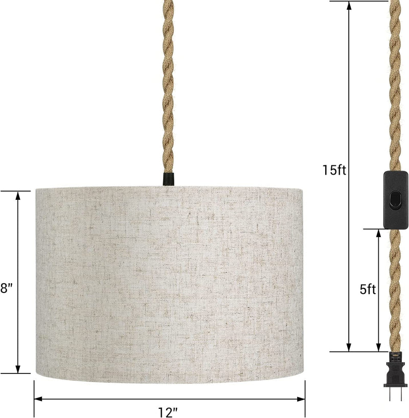 EDISHINE Plug in Pendant Light, Hanging Light with 15FT Hemp Rope Cord, Beige Linen Shade, On/Off Switch, Pendant Light Fixtures for Bedroom, Living Room, Kitchen, Dining Table, 2 Pack