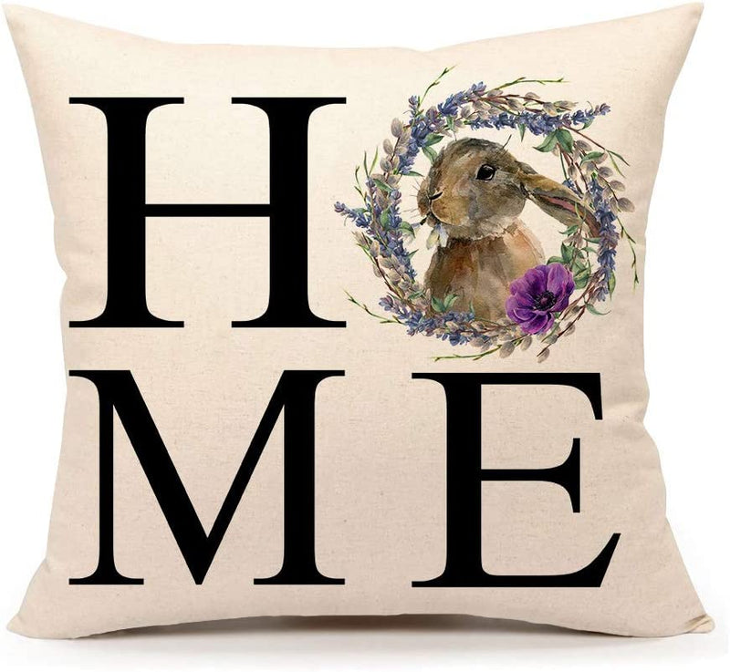 4TH Emotion Spring Easter Bunny Lavender Home Pillow Cover Family Saying Farmhouse Decorations Cushion Case for Sofa Couch Polyester Linen 18X18 Inches Home & Garden > Decor > Seasonal & Holiday Decorations 4TH Emotion   