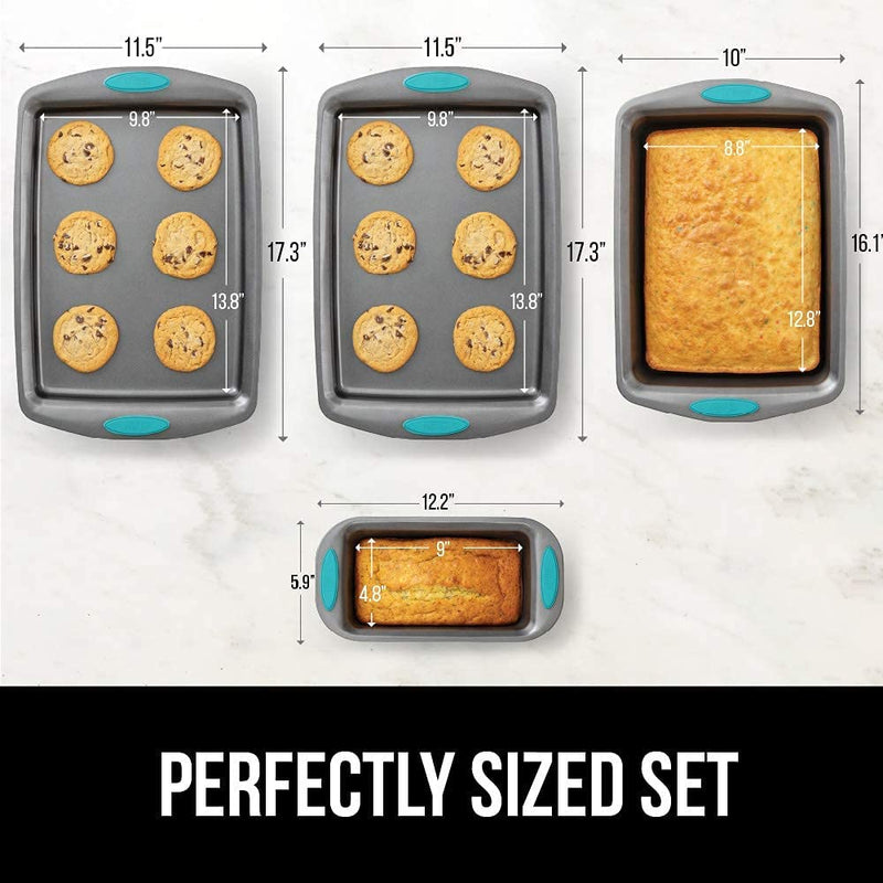 Gorilla Grip Nonstick, Heavy Duty, Carbon Steel Bakeware Sets, 4 Piece Kitchen Baking Set, Rust Resistant, Silicone Handles, 2 Large Cookie Sheets, 1 Roasting Pan and 1 Bread Loaf Pan, Turquoise Home & Garden > Kitchen & Dining > Cookware & Bakeware Hills Point Industries, LLC   