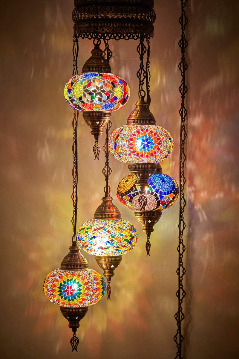 DEMMEX Turkish Moroccan Mosaic Plug in Swag Pendant Lamp Light Fixture Plugged Chandelier, US Plug with 15Feet Chain - Customizable Colors (6.5" X 5 Globe Chandelier) Home & Garden > Lighting > Lighting Fixtures > Chandeliers DEMMEX 6.5" X 5 Globe Chandelier  