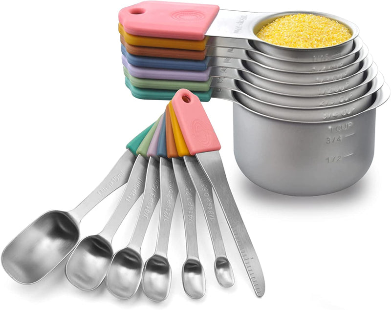 Magnetic Measuring Cups and Spoons Set, Stainless Steel Metal Stackable Nesting Measure Cups,Teaspoon, Tablespoon, 14 Pcs Silicone Handle Kitchen Cooking & Baking Tools, 7 Cups & 6 Spoons &1 Leveler Home & Garden > Kitchen & Dining > Kitchen Tools & Utensils WARMHEART Multicolor 14 set 