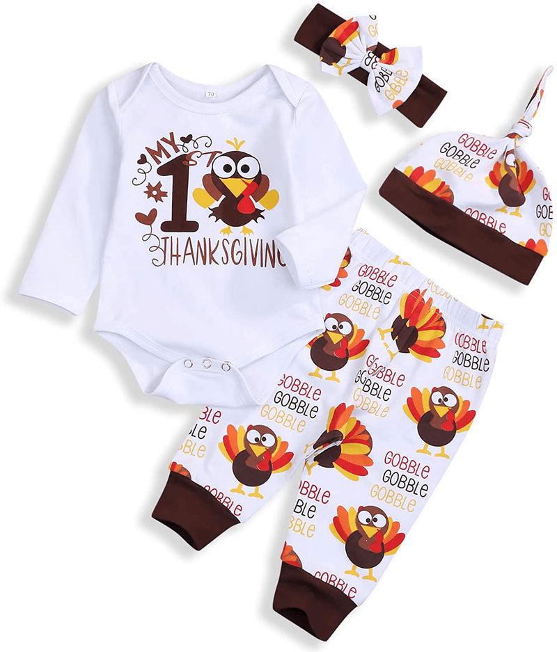 Baby Boy Girl My First Thanksgiving Outfits Turkey Print Romper Long Pants Hat Headband Clothes Set