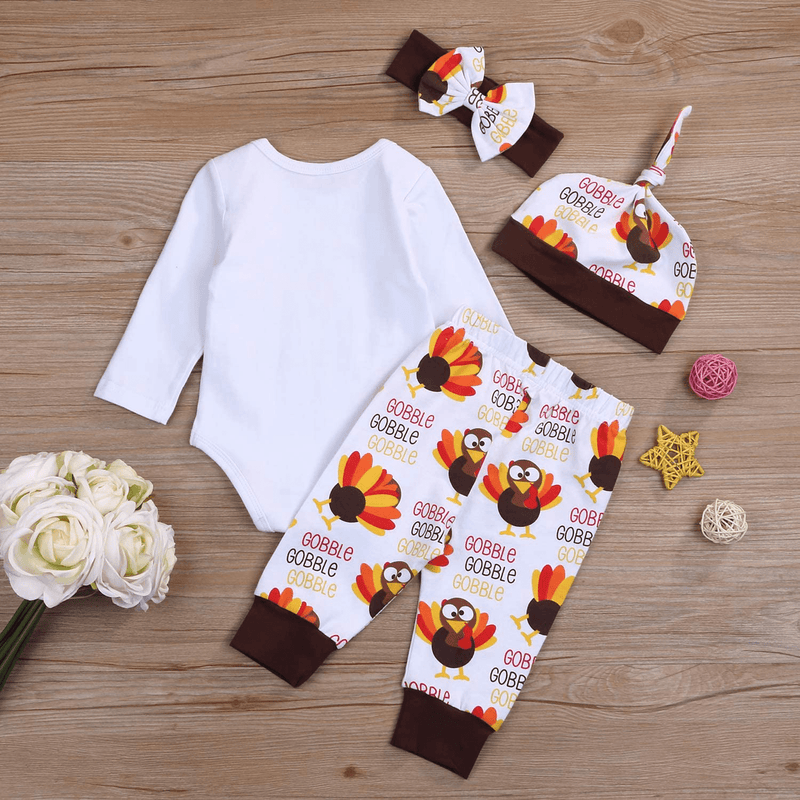 Baby Boy Girl My First Thanksgiving Outfits Turkey Print Romper Long Pants Hat Headband Clothes Set