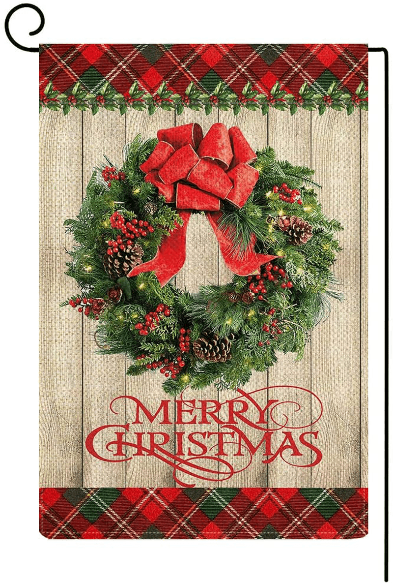 Baccessor Merry Christmas Garden Flag Coniferous Wreath Small Buffalo Plaid Wooden Vertical Double Sided Burlap Rustic Farmhouse Winter House Home Lawn Yard Outside Decoration 12.5 x 18 Inch Home & Garden > Decor > Seasonal & Holiday Decorations& Garden > Decor > Seasonal & Holiday Decorations Baccessor Garden Size(12.5 x 18 Inch)  