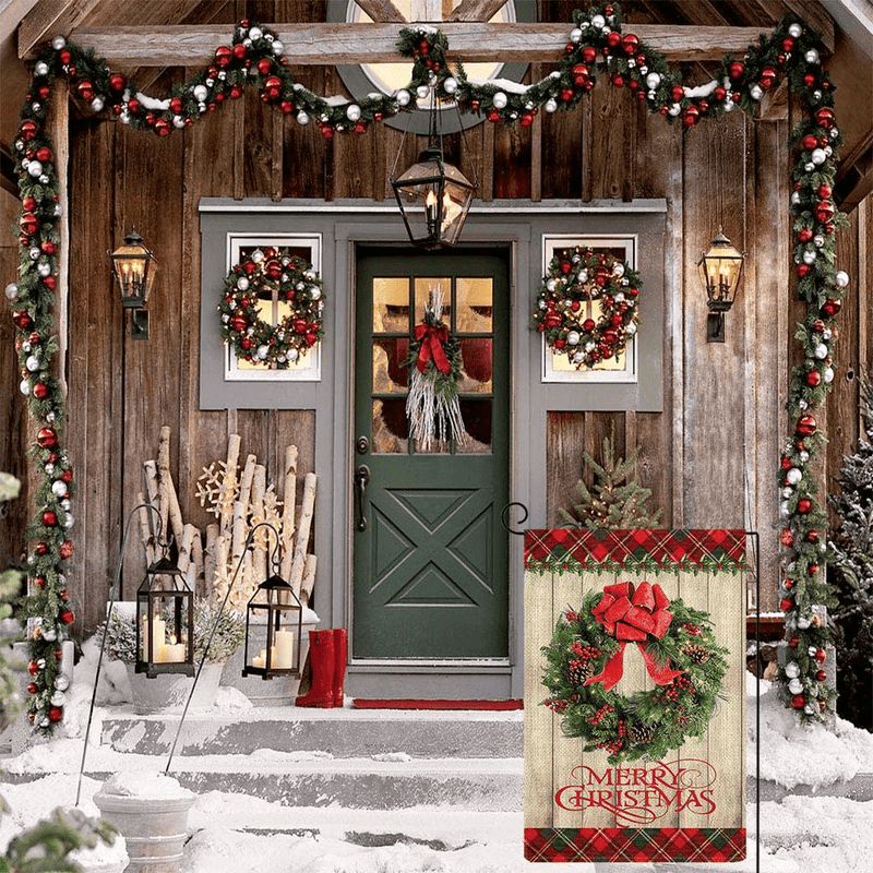 Baccessor Merry Christmas Garden Flag Coniferous Wreath Small Buffalo Plaid Wooden Vertical Double Sided Burlap Rustic Farmhouse Winter House Home Lawn Yard Outside Decoration 12.5 x 18 Inch Home & Garden > Decor > Seasonal & Holiday Decorations& Garden > Decor > Seasonal & Holiday Decorations Baccessor   
