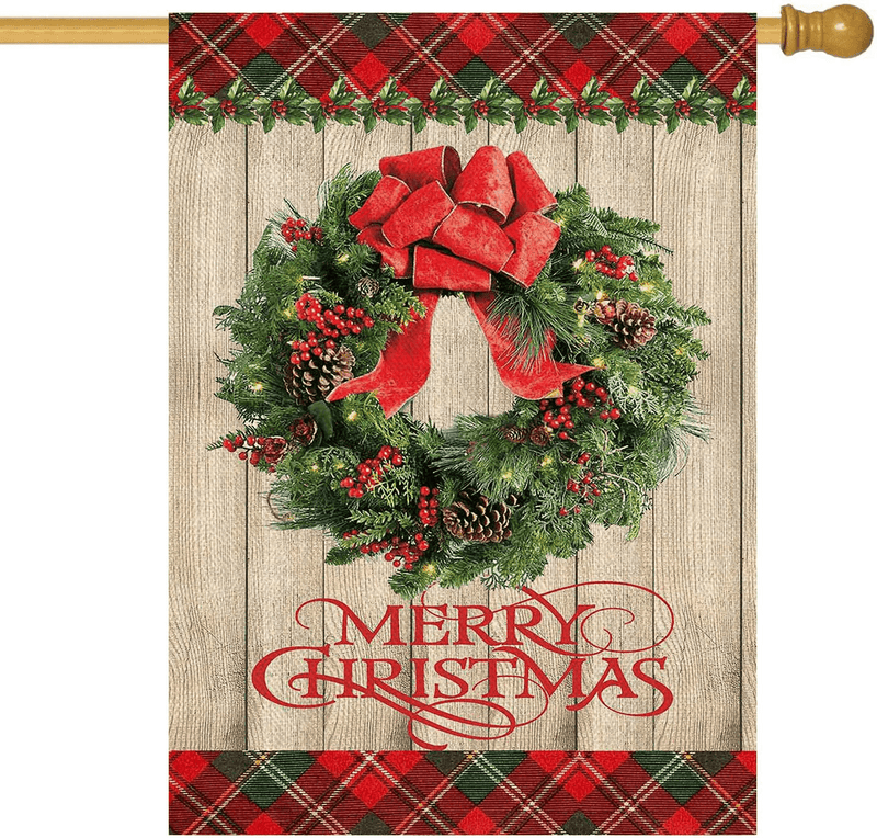 Baccessor Merry Christmas Garden Flag Coniferous Wreath Small Buffalo Plaid Wooden Vertical Double Sided Burlap Rustic Farmhouse Winter House Home Lawn Yard Outside Decoration 12.5 x 18 Inch Home & Garden > Decor > Seasonal & Holiday Decorations& Garden > Decor > Seasonal & Holiday Decorations Baccessor House Size(28 x 40 Inch)  
