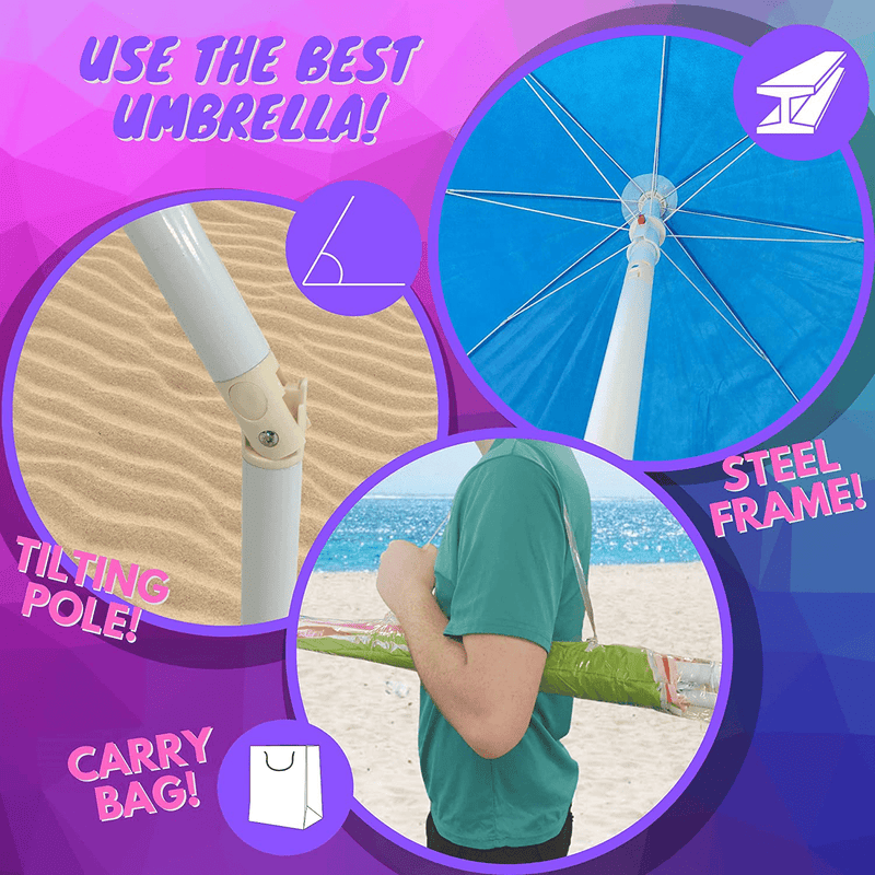 Back Bay 6ft Beach Umbrella with Adjustable Tilt– Waterproof Lightweight Outdoor Sun Shade – Includes Portable Carry Bag –Beach Vacation Accessory