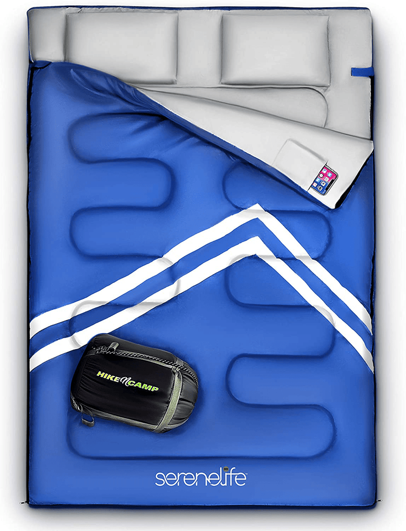 Backpacking Sleeping Bag Camping Gear - Double Sleeping Bag for Adults/Teens W/ 2 Pillows, Bag - Outdoor Lightweight Weather Proof Sleeping Bags - Camping, Hiking - Serenelife Sporting Goods > Outdoor Recreation > Camping & Hiking > Sleeping Bags SereneLife Blue  