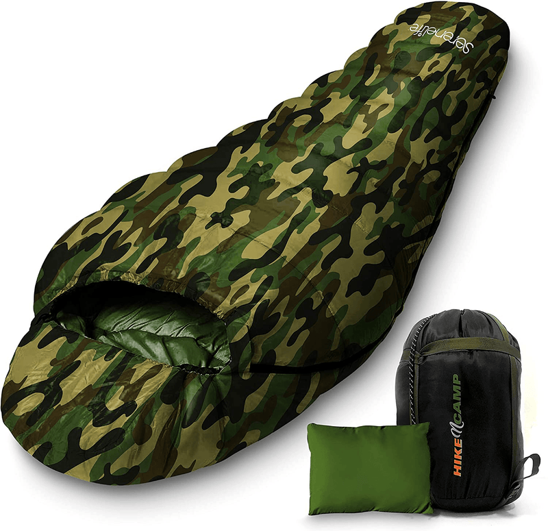 Backpacking Sleeping Bag Camping Gear - Mummy Sleeping Bag for Adults/Teens W/ Pillow, Bag - Outdoor Lightweight Weather Proof Sleeping Bag - Camping, Hiking Traveling - Serenelife Sporting Goods > Outdoor Recreation > Camping & Hiking > Sleeping Bags SereneLife Camouflage  