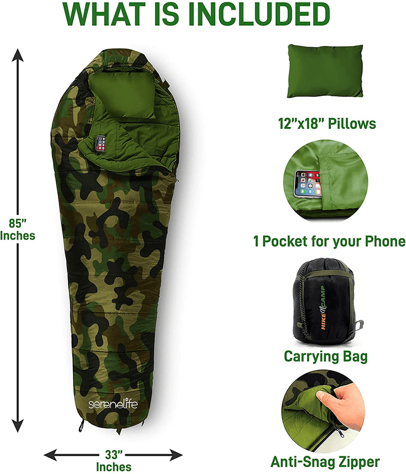 Backpacking Sleeping Bag Camping Gear - Mummy Sleeping Bag for Adults/Teens W/ Pillow, Bag - Outdoor Lightweight Weather Proof Sleeping Bag - Camping, Hiking Traveling - Serenelife Sporting Goods > Outdoor Recreation > Camping & Hiking > Sleeping Bags SereneLife   