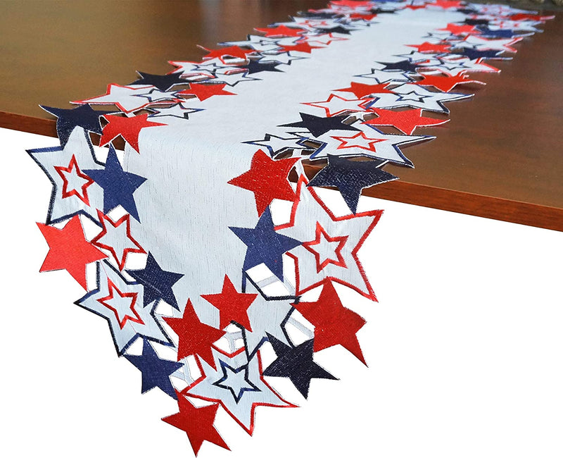 GRANDDECO Holiday Patriotic Table Runners,Embroiderd Cutwork Blue&Red Stars Dresser Scarf for American Independence Day, Memorial Day Holiday Tabletop Decoration (Runner 15"×54", Star-1)