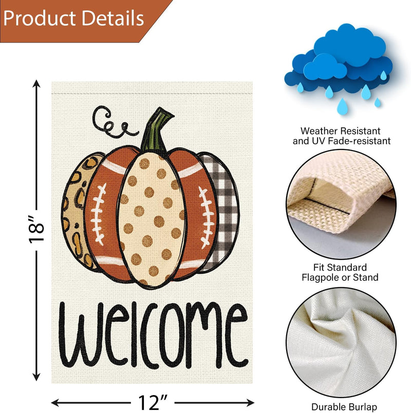 Louise Maelys Welcome Fall Garden Flag 12X18 Double Sided, Small Burlap Autumn Pumpkin Football Garden Flag Fall Thanksgiving outside Outdoor House Yard Decoration (ONLY FLAG)  Louise Maelys   