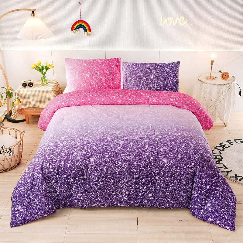 Holawakaka Kids Space Star Glitter Comforter Set Ombre Blue & Purple Print Gradient Bedding Set Full Size (Blue Purple, Full) Home & Garden > Linens & Bedding > Bedding Holawakaka Red Purple Twin 