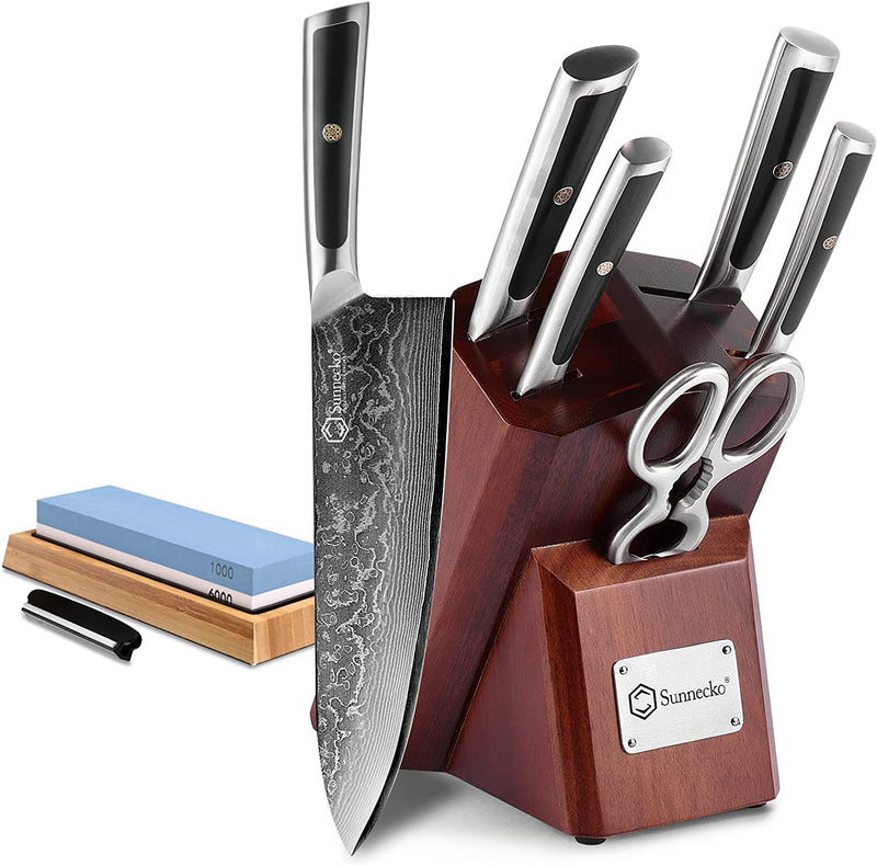 Sunnecko Damascus Kitchen Knife Set,6 PCS Knife Sets for Kitchen with Block,67-Layer Japanese VG10 High Carbon Stainless Steel Blade,Ultra-Sharp,Full Tang Forged,Ergonomic Handle,Shears Included Home & Garden > Kitchen & Dining > Kitchen Tools & Utensils > Kitchen Knives Sunnecko Knife Block Set of 7pcs  