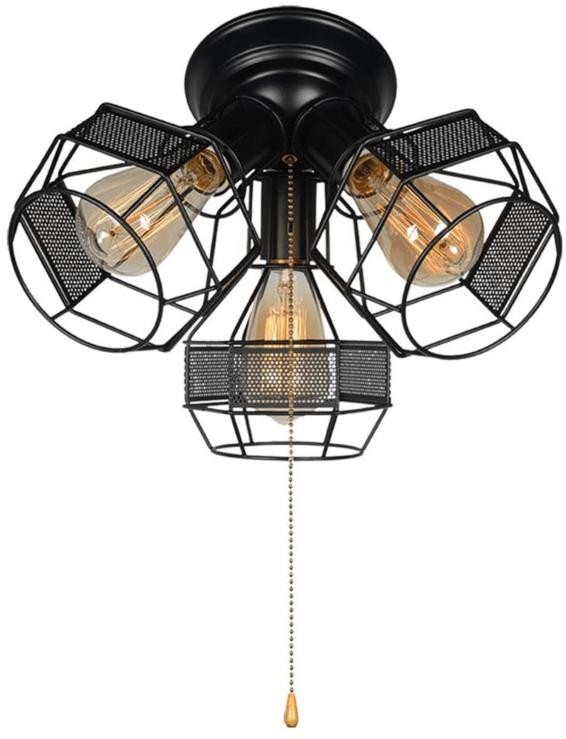 Baiwaiz Industrial Close to Ceiling Light with Pull Chain, Black Metal Wire Cage Semi Flush Mount Ceiling Light Pull String Light Fixture 3 Lights Edison E26 018