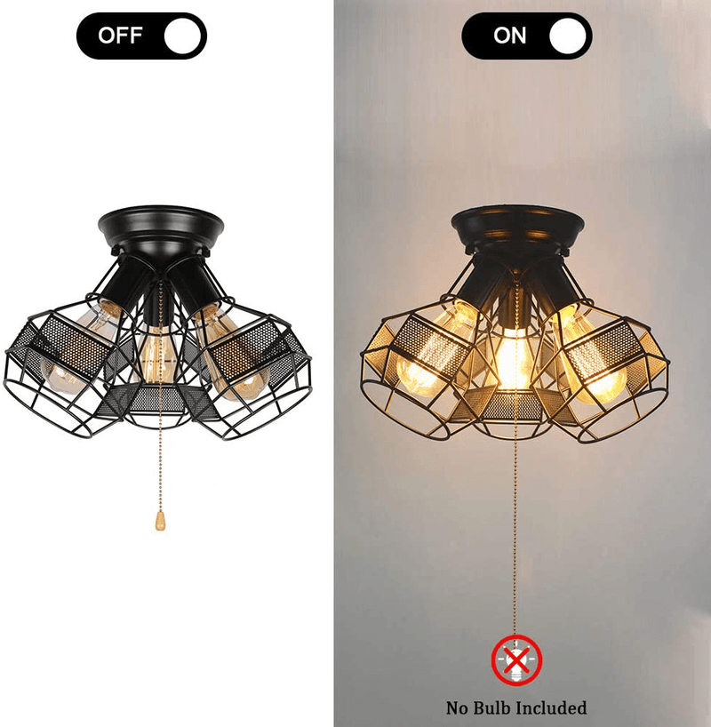 Baiwaiz Industrial Close to Ceiling Light with Pull Chain, Black Metal Wire Cage Semi Flush Mount Ceiling Light Pull String Light Fixture 3 Lights Edison E26 018
