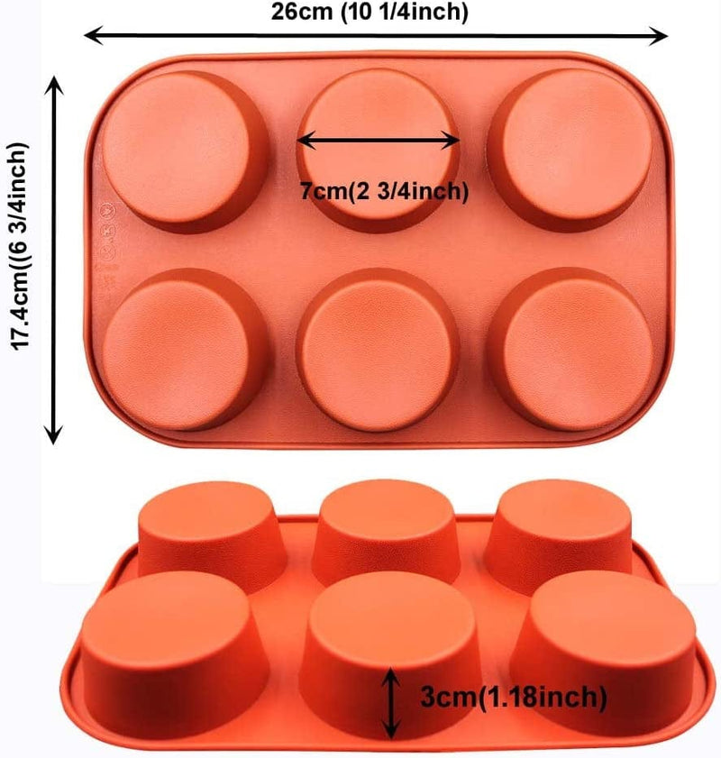 BAKER DEPOT 6 Cavity round Silicone Mold for Muffin Cupcake Bread Handmade Soap DIY Cake Mold Dessert Mold, Set of 2