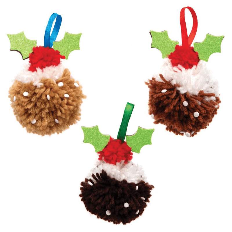 Baker Ross AT207 Christmas Pudding Pom Pom Decoration Kits - Pack of 3, Festive Arts and Crafts, assorted