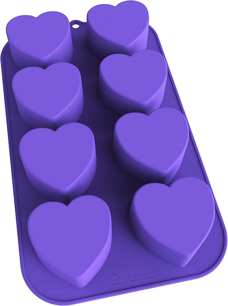 Bakerpan Silicone Mini Cake Pan, Muffin Baking Tray, Pastry Mold, 2 1/4 Inch Hearts, 8 Cavities (Purple) Set of 2