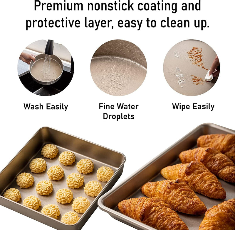 Bakestudio Loaf Bread Pan Set of 2, Rectangle Baking Cake Cookie Sheet Pan for Oven, Open Top Carbon Steel Food Safe Nonstick Coating, Gold (9.3 Inch)
