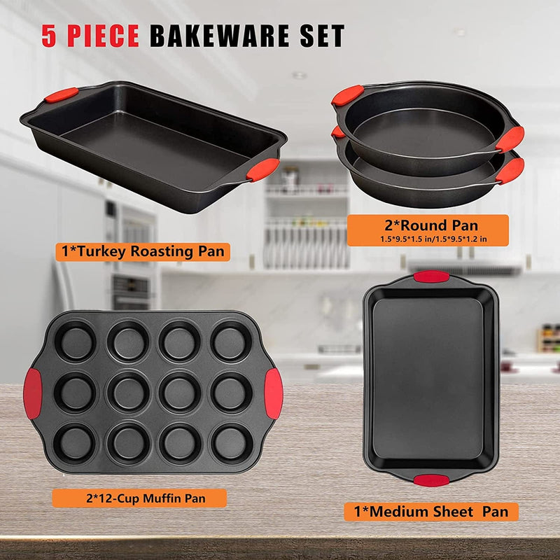 Bakeware Sets 5-Piece Nonstick with Black Silicone Handles with Baking Pans, Muffin Pan, Bread Pan, 2 Size Cake Pan, Oven Safe(Black)