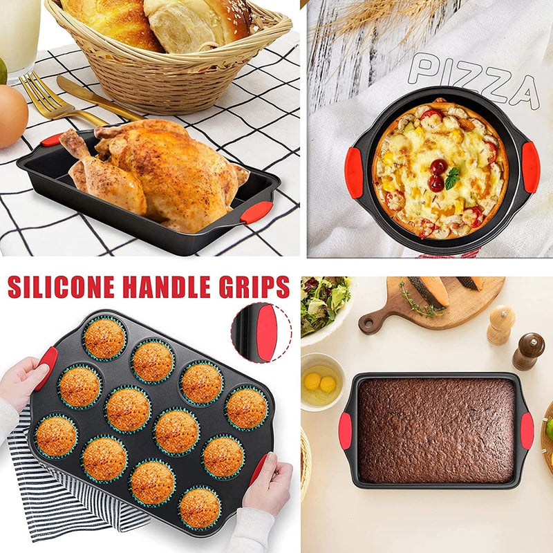 Bakeware Sets 5-Piece Nonstick with Black Silicone Handles with Baking Pans, Muffin Pan, Bread Pan, 2 Size Cake Pan, Oven Safe(Black) Home & Garden > Kitchen & Dining > Cookware & Bakeware BETTERBEAUTY   