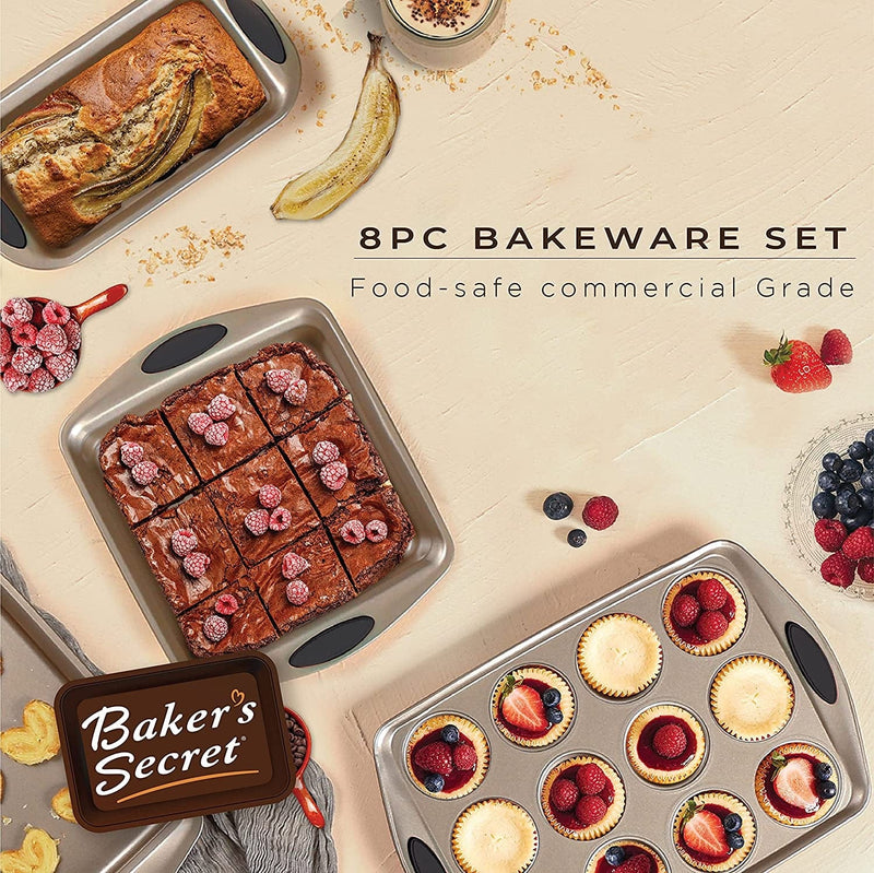 Bakeware Sets - 8 Pieces Baking Pans Set with Grip - Baking Sheets for Oven Nonstick Set, Wedding Registry Items Baking Dishes for Oven - Nonstick Pan Set Kitchen Supplies, by Baker'S Secret Home & Garden > Kitchen & Dining > Cookware & Bakeware Baker's Secret   