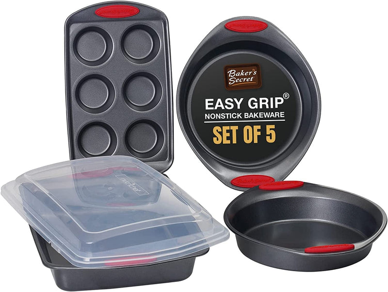 Bakeware Sets - 8 Pieces Baking Pans Set with Grip - Baking Sheets for Oven Nonstick Set, Wedding Registry Items Baking Dishes for Oven - Nonstick Pan Set Kitchen Supplies, by Baker'S Secret Home & Garden > Kitchen & Dining > Cookware & Bakeware Baker's Secret Grey/Red Set of 5 - Lid 