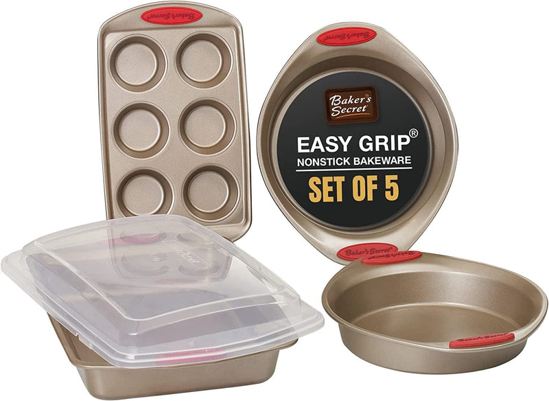 Bakeware Sets - 8 Pieces Baking Pans Set with Grip - Baking Sheets for Oven Nonstick Set, Wedding Registry Items Baking Dishes for Oven - Nonstick Pan Set Kitchen Supplies, by Baker'S Secret Home & Garden > Kitchen & Dining > Cookware & Bakeware Baker's Secret Gold/Red Set of 5 - Lid 