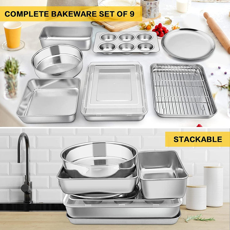 Bakeware Sets, P&P CHEF 9-Piece Stainless Steel Baking Pans Set, round /Square Cake Pan, Toaster Oven Pan, Lasagna Pan, Loaf Pan, Pizza Pan, Muffin Pan, Dishwasher Safe & Durable, Healthy & Non-Toxic Home & Garden > Kitchen & Dining > Cookware & Bakeware P&P CHEF   