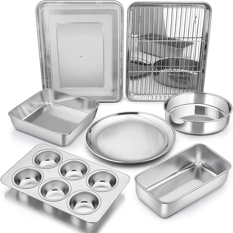 Bakeware Sets, P&P CHEF 9-Piece Stainless Steel Baking Pans Set, round /Square Cake Pan, Toaster Oven Pan, Lasagna Pan, Loaf Pan, Pizza Pan, Muffin Pan, Dishwasher Safe & Durable, Healthy & Non-Toxic Home & Garden > Kitchen & Dining > Cookware & Bakeware P&P CHEF 9 Pieces  