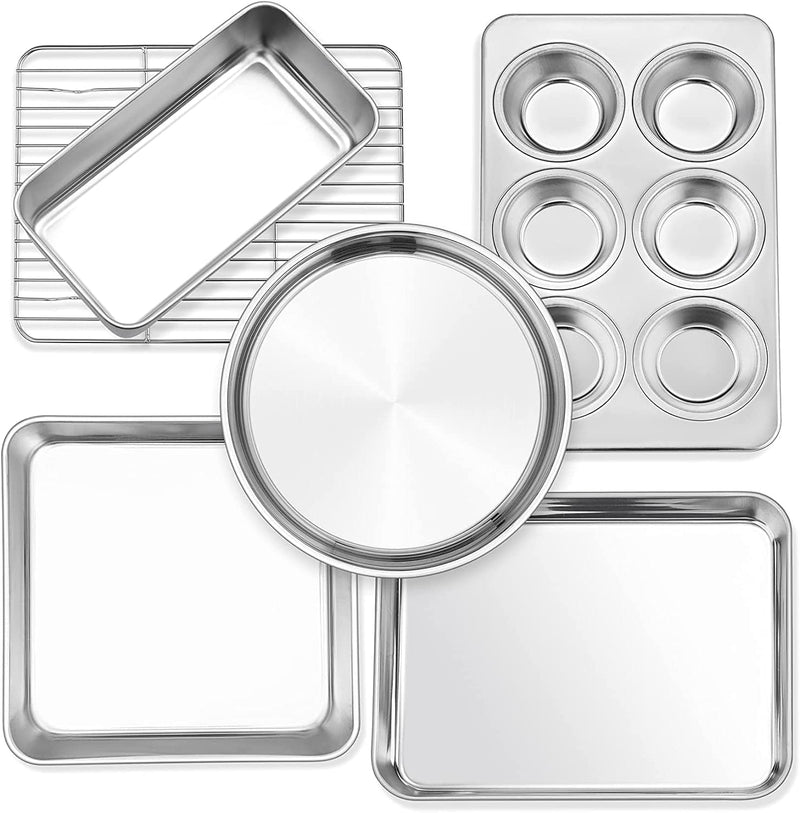 Bakeware Sets, P&P CHEF 9-Piece Stainless Steel Baking Pans Set, round /Square Cake Pan, Toaster Oven Pan, Lasagna Pan, Loaf Pan, Pizza Pan, Muffin Pan, Dishwasher Safe & Durable, Healthy & Non-Toxic Home & Garden > Kitchen & Dining > Cookware & Bakeware P&P CHEF 6 Pieces  