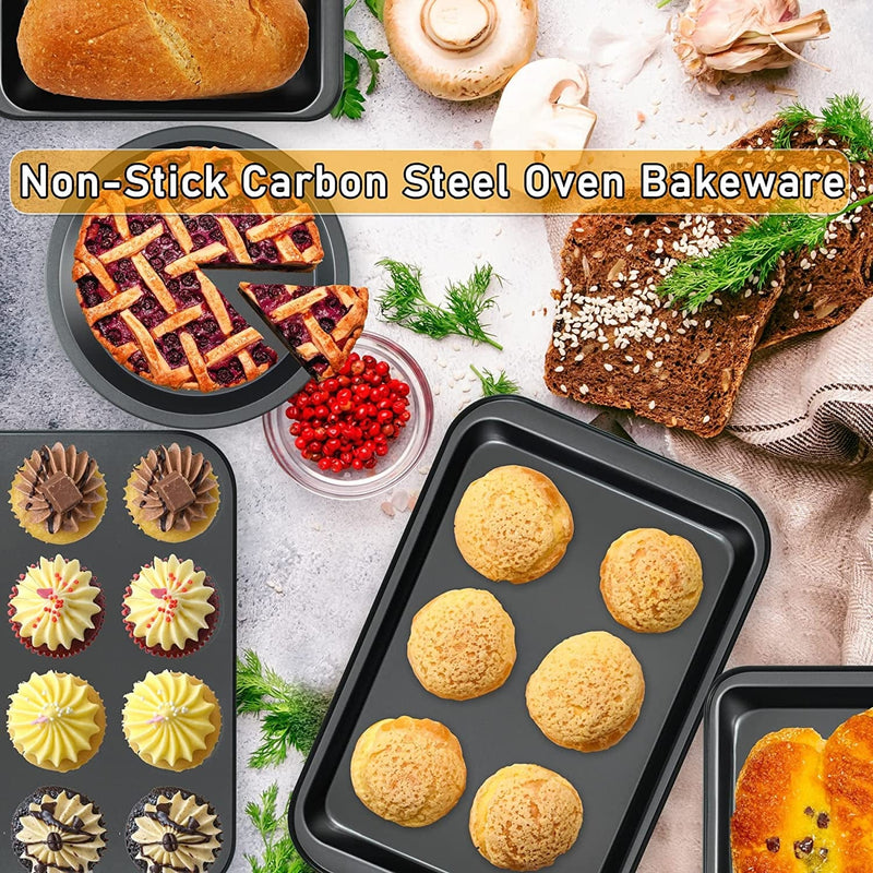 Baking Pans Nonstick Set, 5-Piece Bakeware Sets with Round/Square Cake Pan, Muffin Pan, Loaf Pan, Roast Pan, Baking Sheets for Oven Nonstick, Mobzio Kitchen Cookware Sets Baking Supplies
