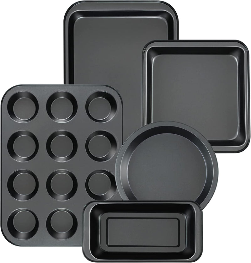 Baking Pans Nonstick Set, 5-Piece Bakeware Sets with Round/Square Cake Pan, Muffin Pan, Loaf Pan, Roast Pan, Baking Sheets for Oven Nonstick, Mobzio Kitchen Cookware Sets Baking Supplies Home & Garden > Kitchen & Dining > Cookware & Bakeware mobzio   