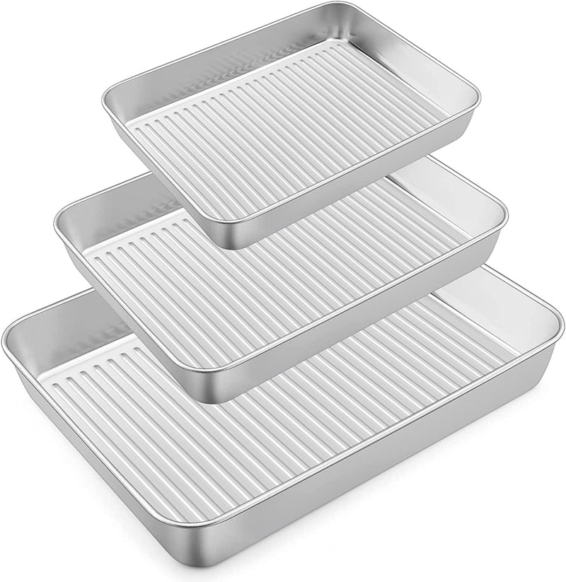 Baking Pans Set of 3, E-Far Stainless Steel Sheet Cake Pan for Oven - 12.5/10.5/9.4Inch, Rectangle Bakeware Set for Cake Lasagna Brownie Casserole Cookie, Non-Toxic & Healthy, Dishwasher Safe Home & Garden > Kitchen & Dining > Cookware & Bakeware E-far Corrugated bottom  