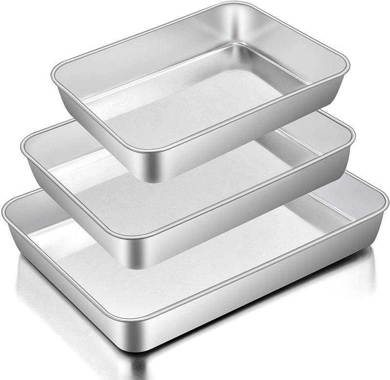 Baking Pans Set of 3, E-Far Stainless Steel Sheet Cake Pan for Oven - 12.5/10.5/9.4Inch, Rectangle Bakeware Set for Cake Lasagna Brownie Casserole Cookie, Non-Toxic & Healthy, Dishwasher Safe Home & Garden > Kitchen & Dining > Cookware & Bakeware E-far Flat bottom  