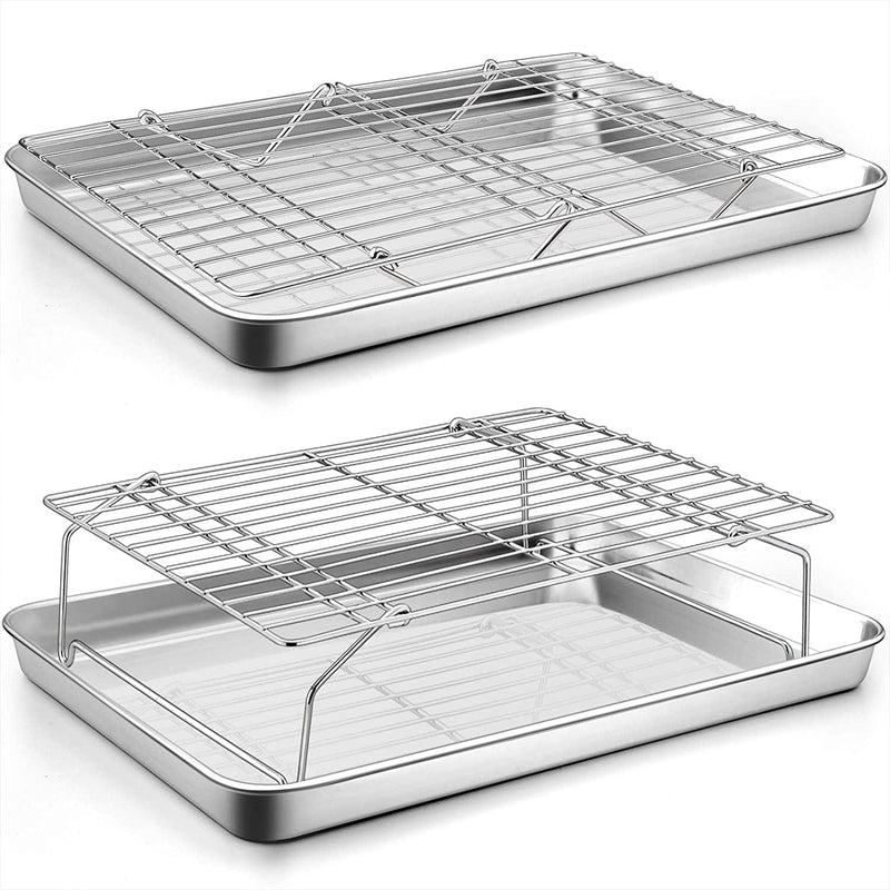 Baking Sheet and 2-Tier Cooling Racks Set, P&P CHEF Stainless Steel Baking Pan Tray with Stackable Cooking Wire Rack for Cookie Bacon Meat, Uncoated & Non-Toxic , Mirror Finish& Dishwasher Safe - 3Pcs Home & Garden > Kitchen & Dining > Cookware & Bakeware P&P CHEF 2 Pans + 2 Racks  