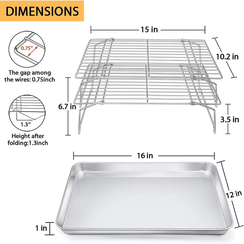 Baking Sheet and 2-Tier Cooling Racks Set, P&P CHEF Stainless Steel Baking Pan Tray with Stackable Cooking Wire Rack for Cookie Bacon Meat, Uncoated & Non-Toxic , Mirror Finish& Dishwasher Safe - 3Pcs Home & Garden > Kitchen & Dining > Cookware & Bakeware P&P CHEF   