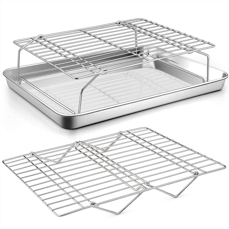 Baking Sheet and 2-Tier Cooling Racks Set, P&P CHEF Stainless Steel Baking Pan Tray with Stackable Cooking Wire Rack for Cookie Bacon Meat, Uncoated & Non-Toxic , Mirror Finish& Dishwasher Safe - 3Pcs Home & Garden > Kitchen & Dining > Cookware & Bakeware P&P CHEF 1 Pan + 2 Racks  