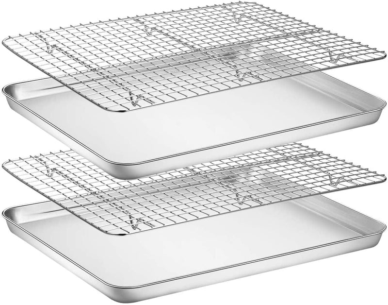 Baking Sheet with Rack Set [2 Pans + 2 Racks], Wildone Stainless Steel Cookie Sheet Baking Pan Tray with Cooling Rack, Size 16 X 12 X 1 Inch, Non Toxic & Heavy Duty & Easy Clean Home & Garden > Kitchen & Dining > Cookware & Bakeware Wildone 16 x 12 x 1 inch  