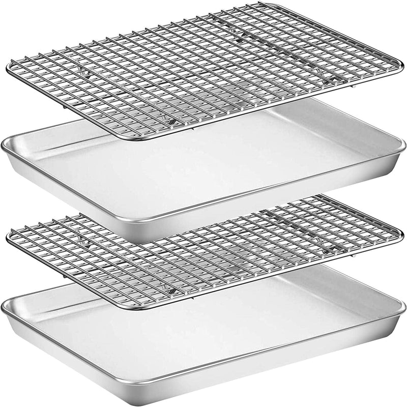 Baking Sheet with Rack Set [2 Pans + 2 Racks], Wildone Stainless Steel Cookie Sheet Baking Pan Tray with Cooling Rack, Size 16 X 12 X 1 Inch, Non Toxic & Heavy Duty & Easy Clean Home & Garden > Kitchen & Dining > Cookware & Bakeware Wildone 12 x 10 x 1 inch  